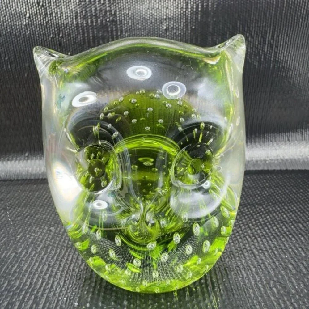 Hand Blown Venetian Art Glass‎ Owl Bird Paperweight Figurine Green Bubbles Italy
